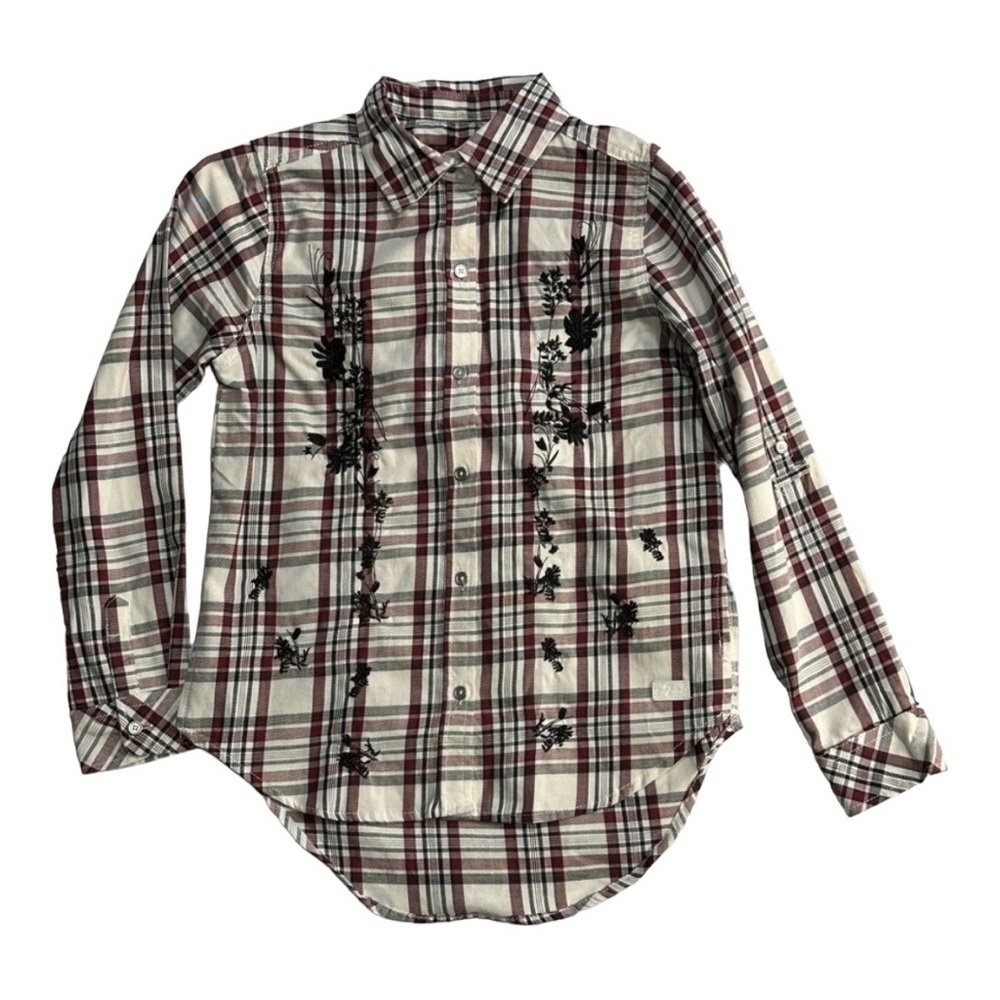 7 For All Mankind Western Plaid Black Floral Embroidered Shirt Size L